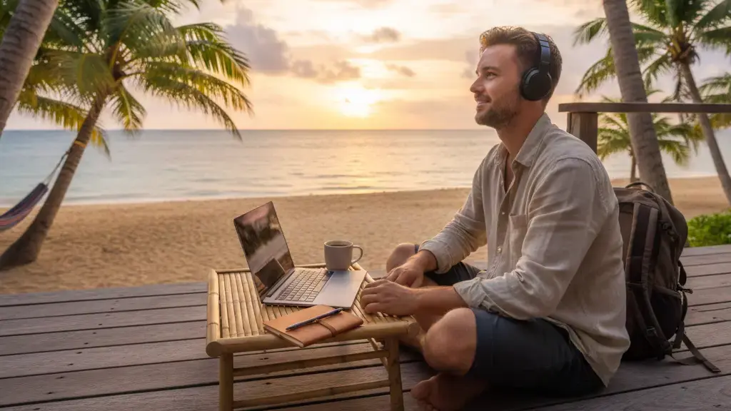 Digitales Nomade sitzt am Strand und arbeitet dort mit Laptop